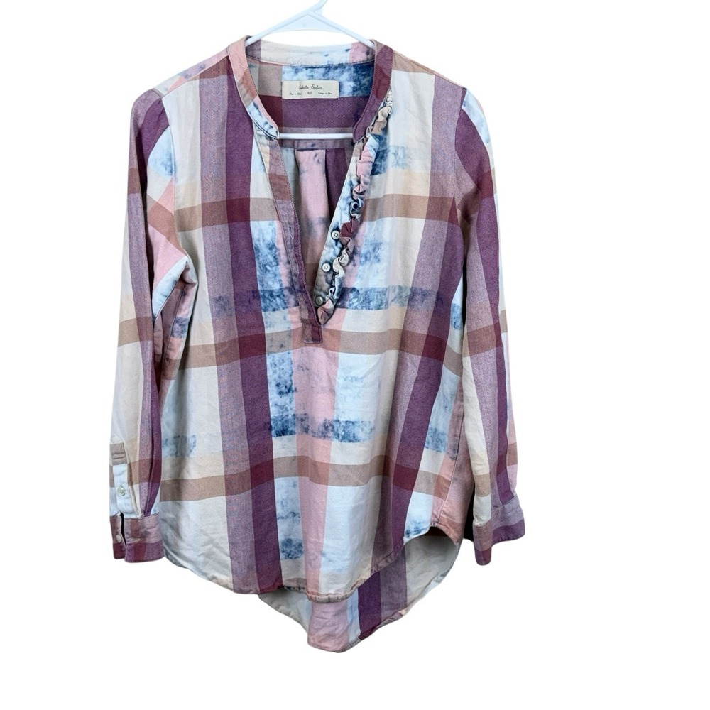 Isabella Sinclair Anthropologie‎ Top XS Plaid Tunic V Neck 1/4 Button Pastel